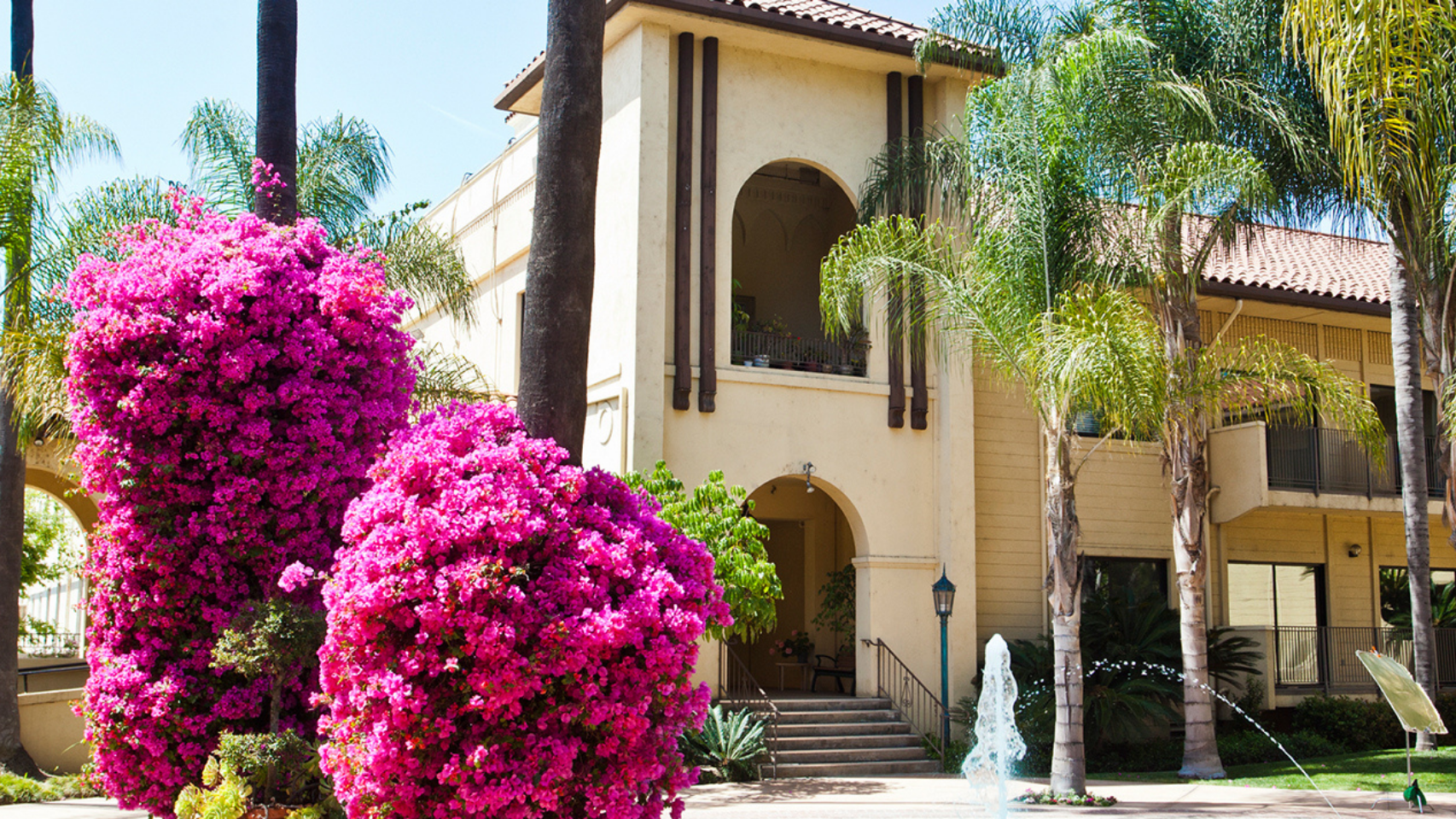 Outside photo of building with outdoor flower garden