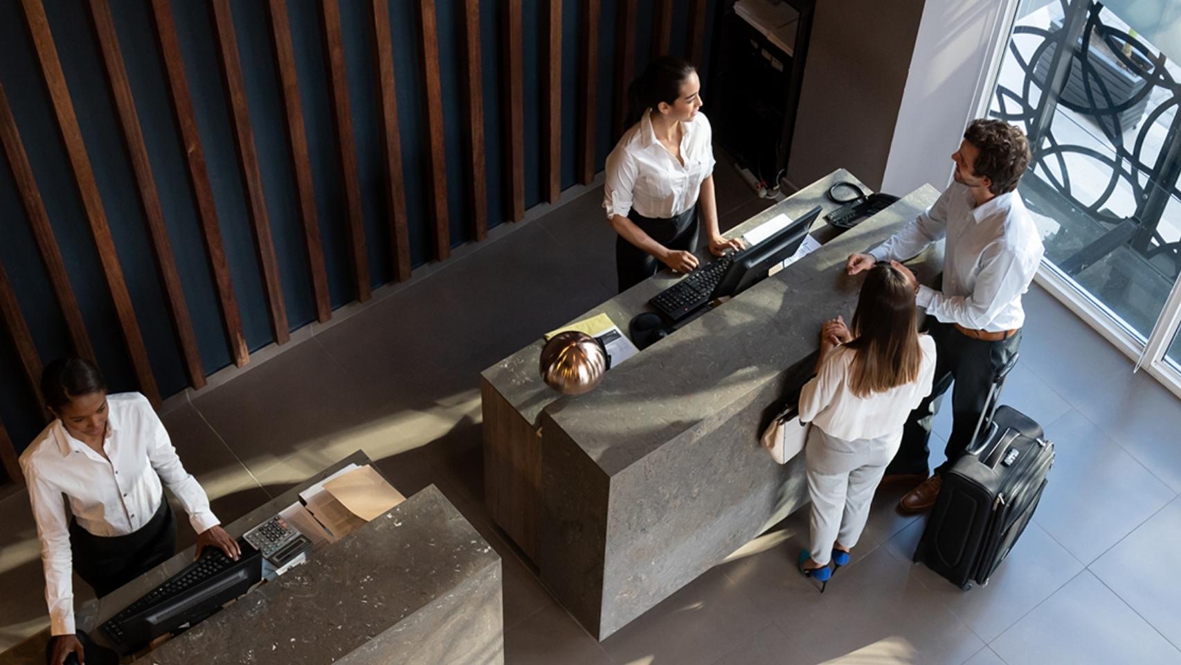 Looking down at the check-in area of a hotel