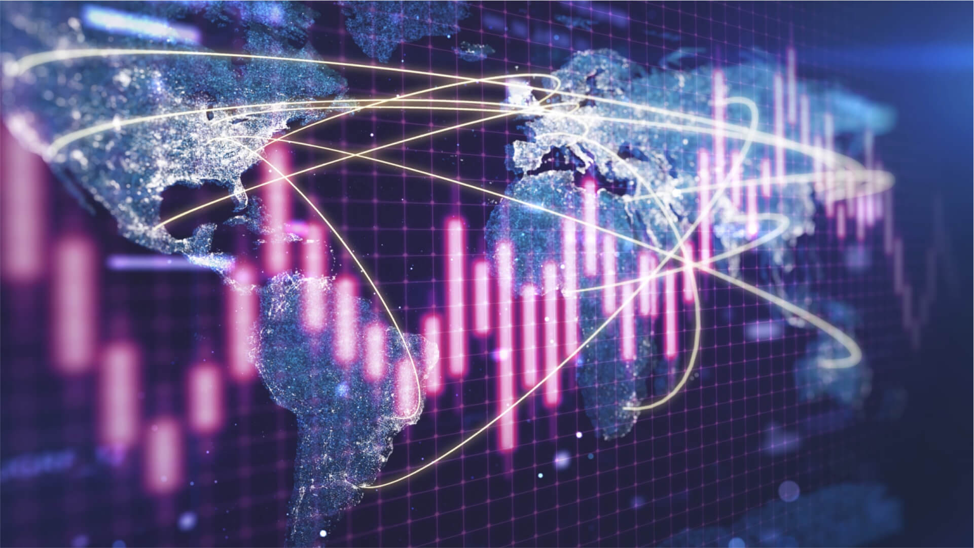 illustration of a stock ticker over a map of the world