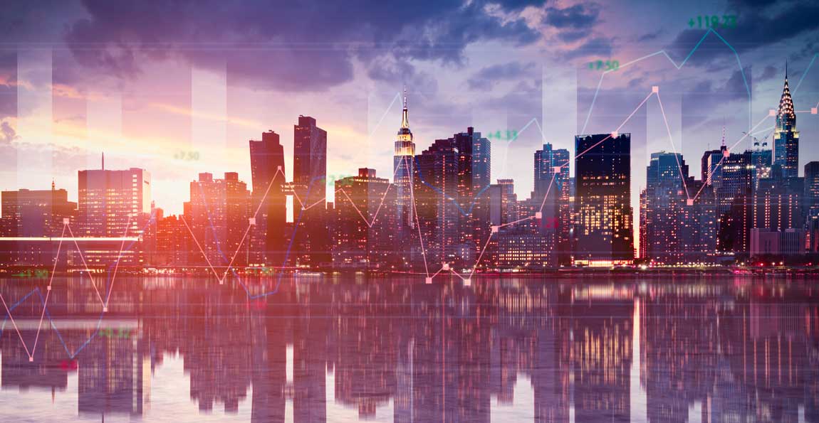 The New York City skyline with a line graph overlay