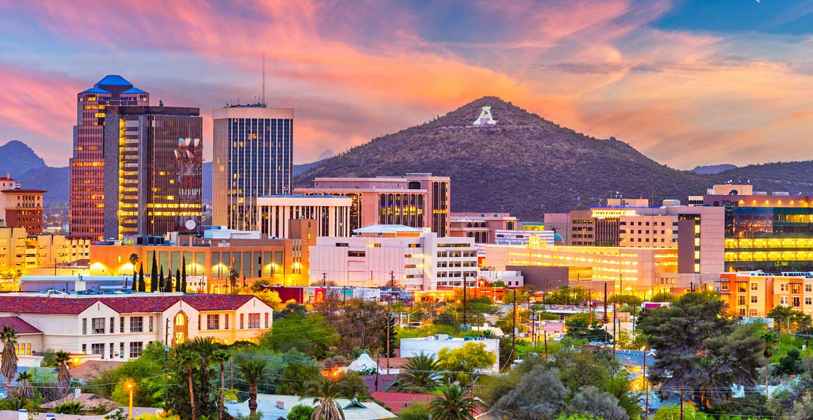 The Tucson, Arizona skyline at sunset