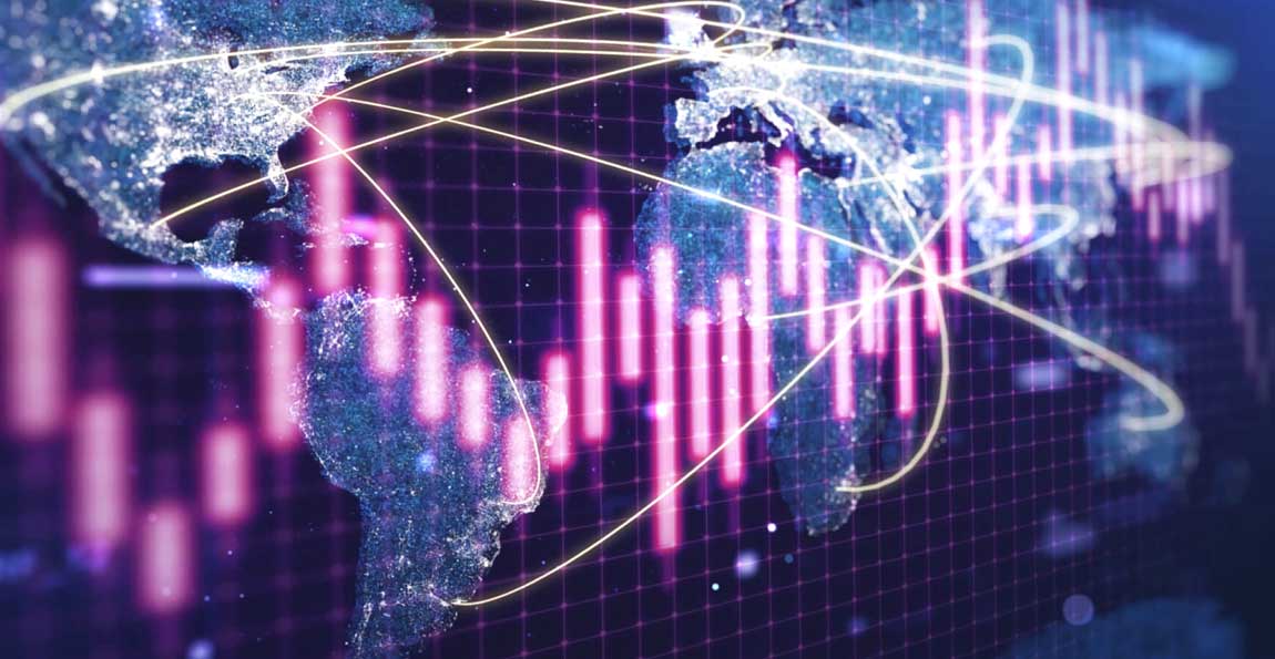 illustration of a stock ticker over a map of the world