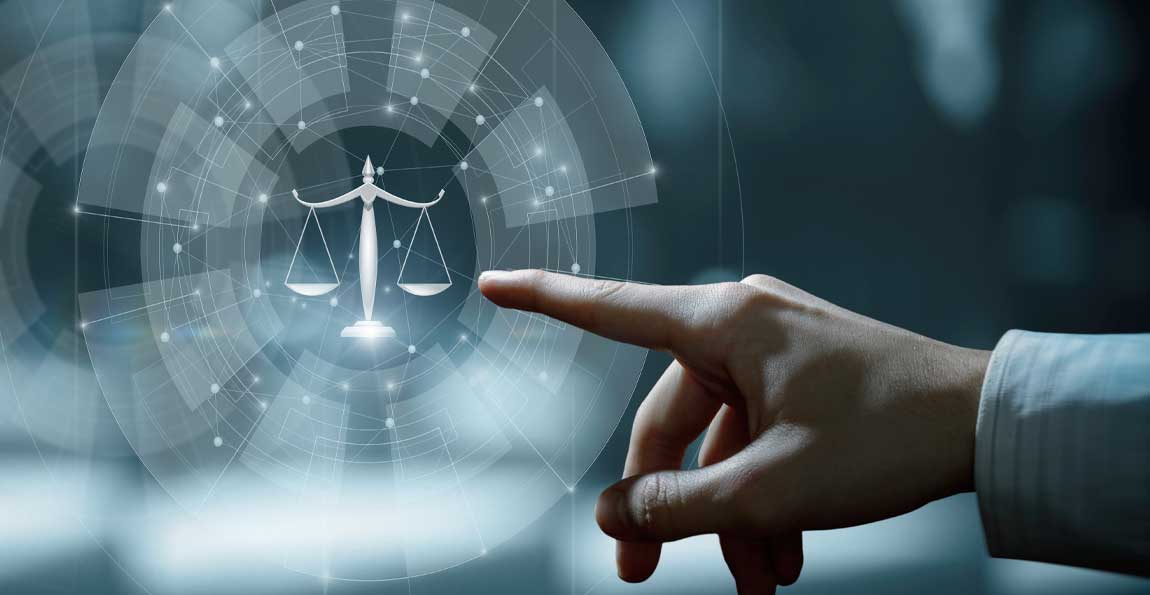 A lawyer pointing to the scales of justice