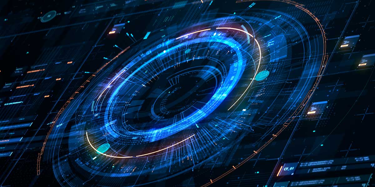 Computer circuitry glowing bright blue