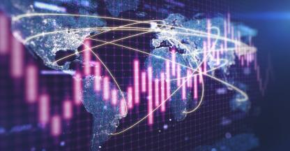 illustration of a stock ticker over a map of the world