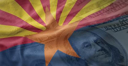 Arizona flag with a $100 bill overlay