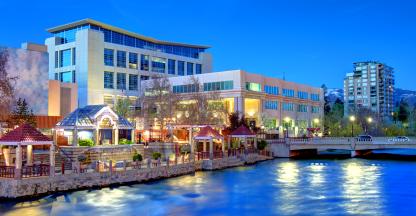 Commercial building and plaza on riverfront