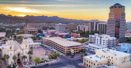 A small desert city at sunset