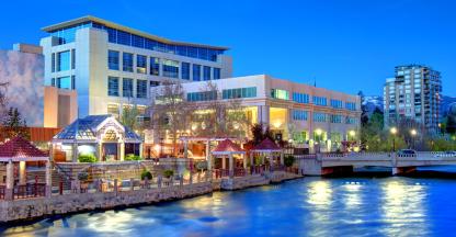 Commercial building and plaza on riverfront