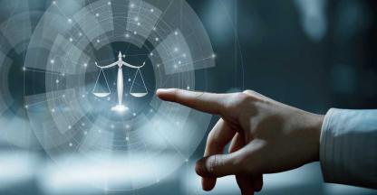 A lawyer pointing to the scales of justice