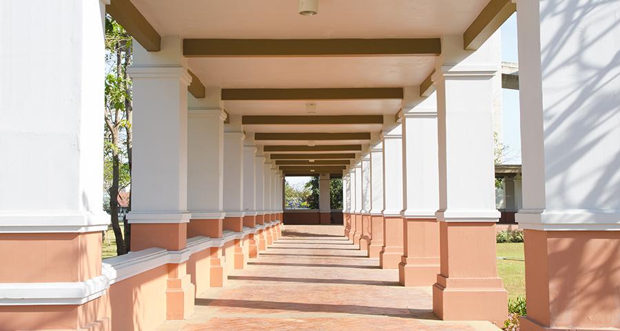 View of an exterior hallway on a college campus