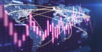 illustration of a stock ticker over a map of the world