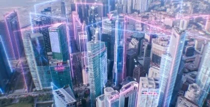 Photo illustration of a city skyline with lines drawn connecting the buildings. 