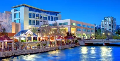 Commercial building and plaza on riverfront