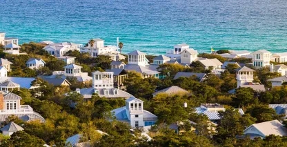 A large group of condominiums on a tropical island