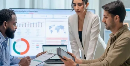 Relationship bankers showing a client cash management tools