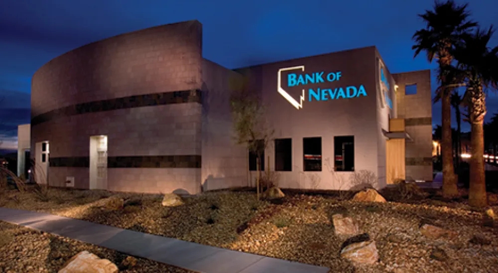 View of the Centennial branch from the parking lot at night