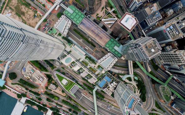 An aerial view of a busy city