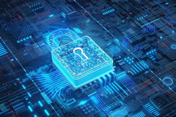 A cybersecurity abstract of an illuminated padlock and computer circuitry