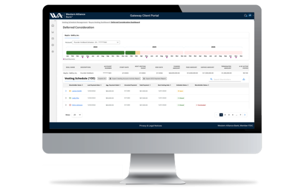A screenshot of Western Alliance Bank's Deferred Consideration digital platform. 