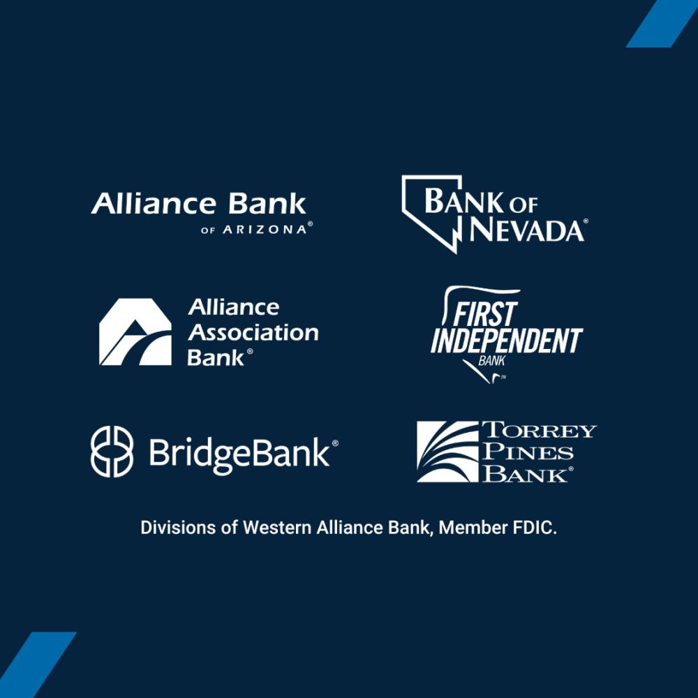 Alliance Bank of Arizona, Bank of Nevada, Alliance Association Bank, First Independent Bank, Bridge Bank, Torrey Pines Bank—Divisions of Western Alliance Bank, Member FDIC.