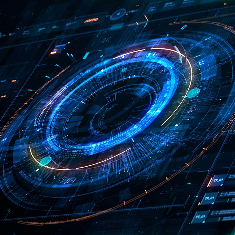 Computer circuitry glowing bright blue