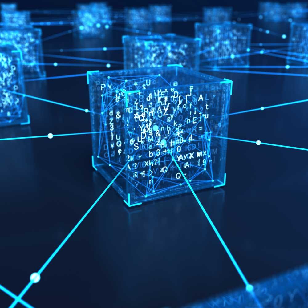 A graphic illustration of a digital blockchain